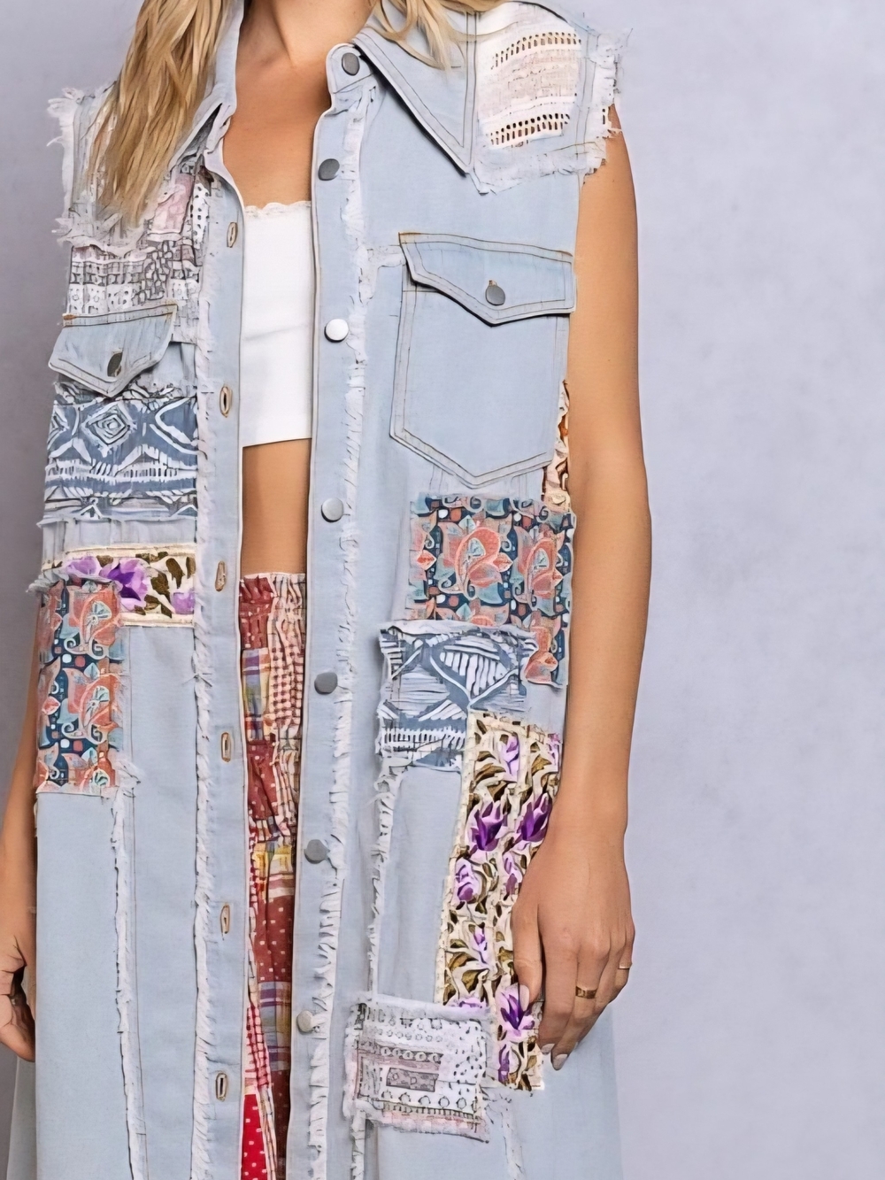 Boho Patchwork Light Wash Denim Vest Size Large